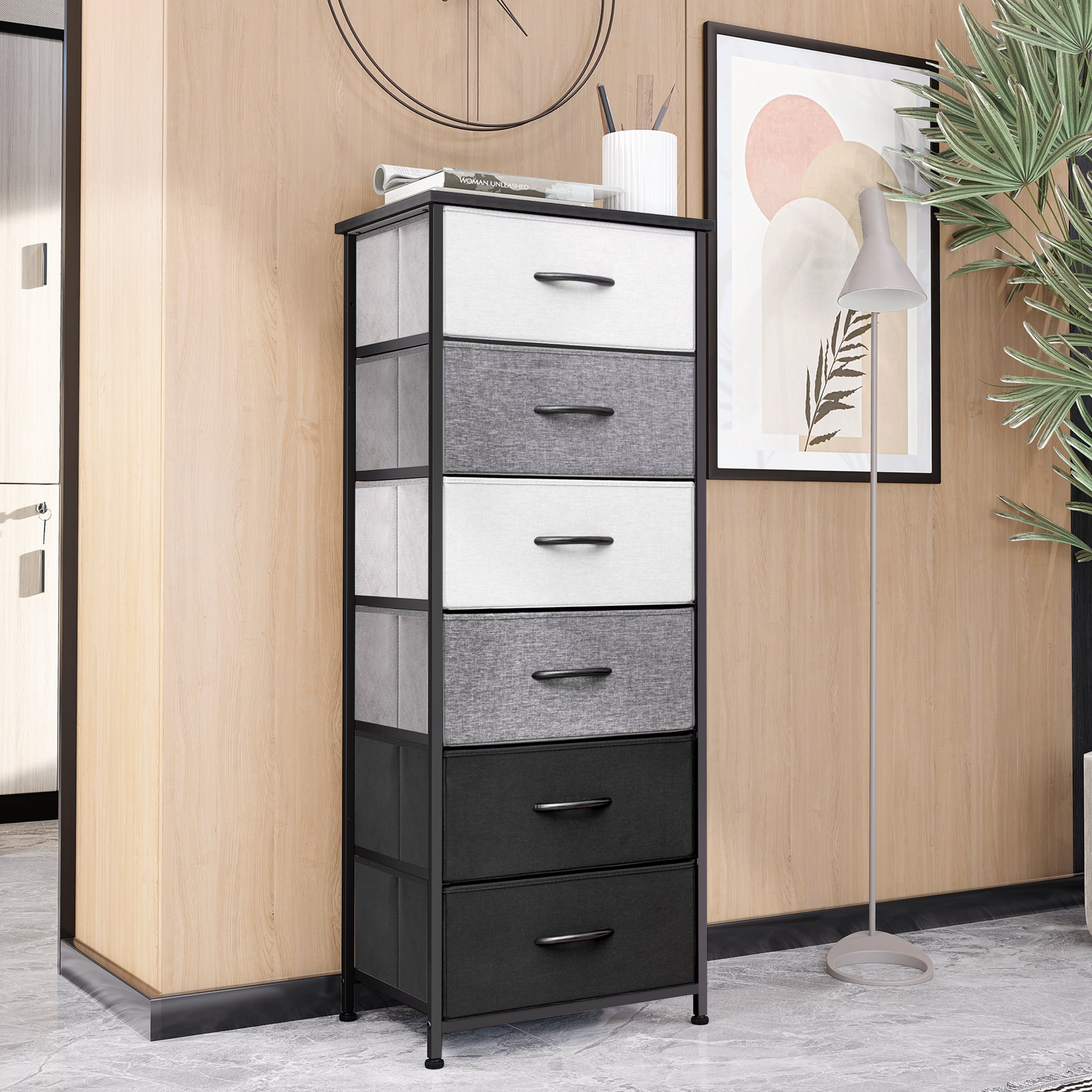 Vredhom Gray & Black 6 Fabric Drawers Vertical Dresser Chest