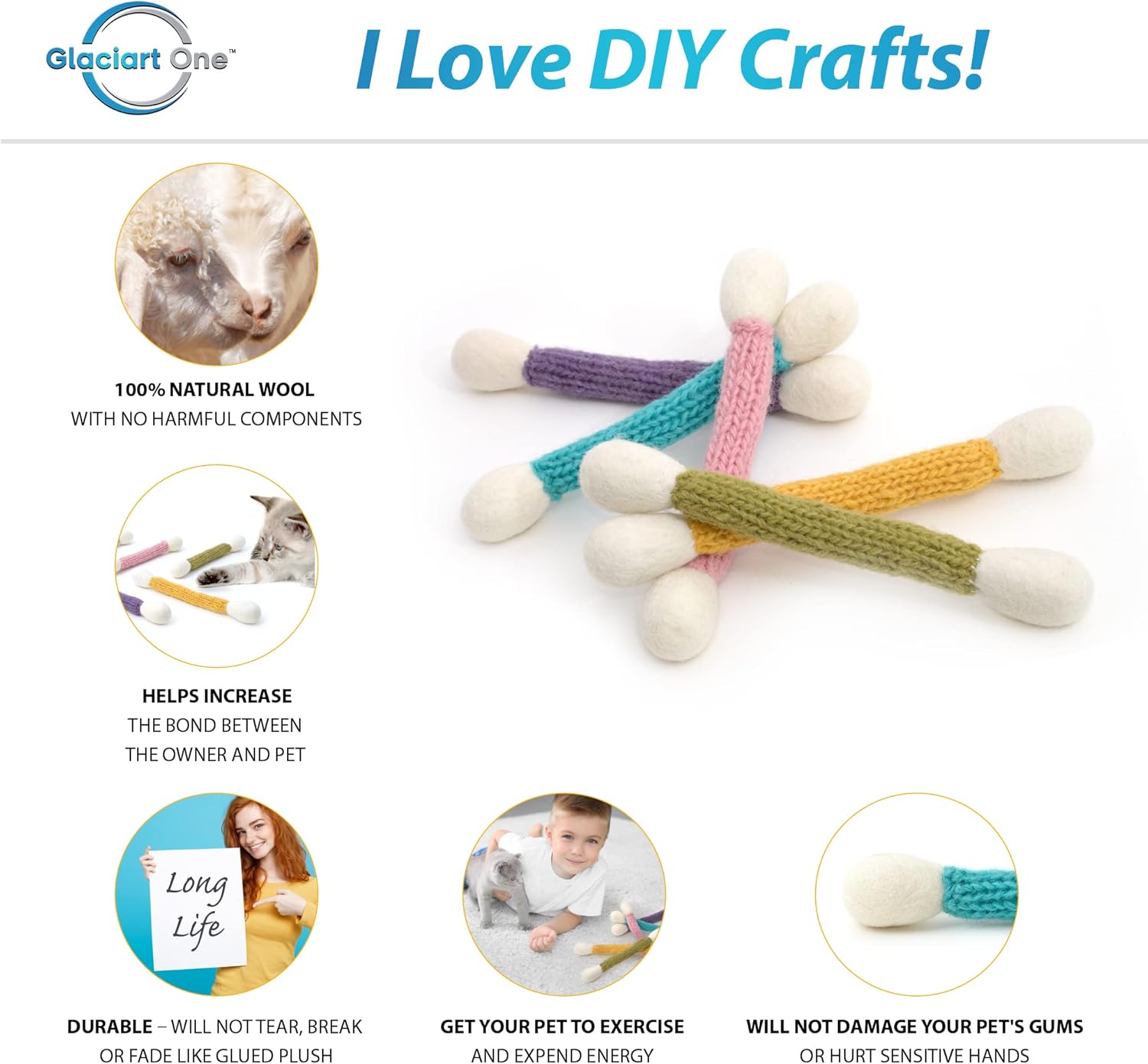 GLACIART ONE Catnip Swab Toys - 5 Pack, Durable Wool Chew Toys With Organic Catnip For Cats & Kittens