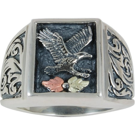 Black Hills Gold Men's Sterling Silver 12kt Leaf Accented Oxidized Eagle Ring