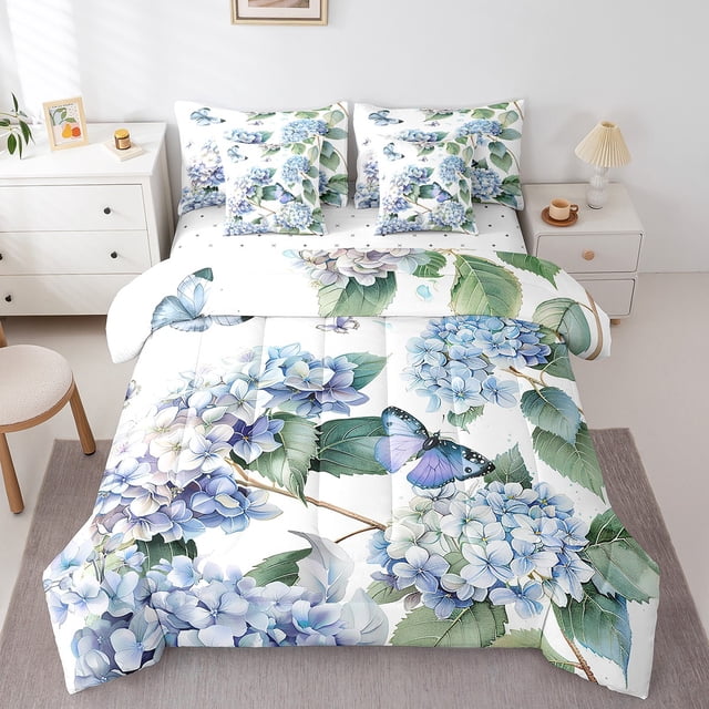 Girls Hydrangea Floral Bedding Comforter Sets 7Pcs Blue Purple Butterfly Bed In A Bag,Vintage Flower Full Bedding Sets Cute Animal Sheet Set With Comforter Spring Botanical Bedroom Decor,Soft