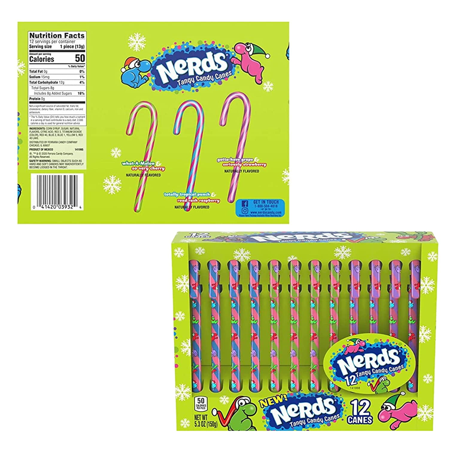 Nerds Candy Canes – 160 Ct Mix of Bulk Candy – With Three Flavors