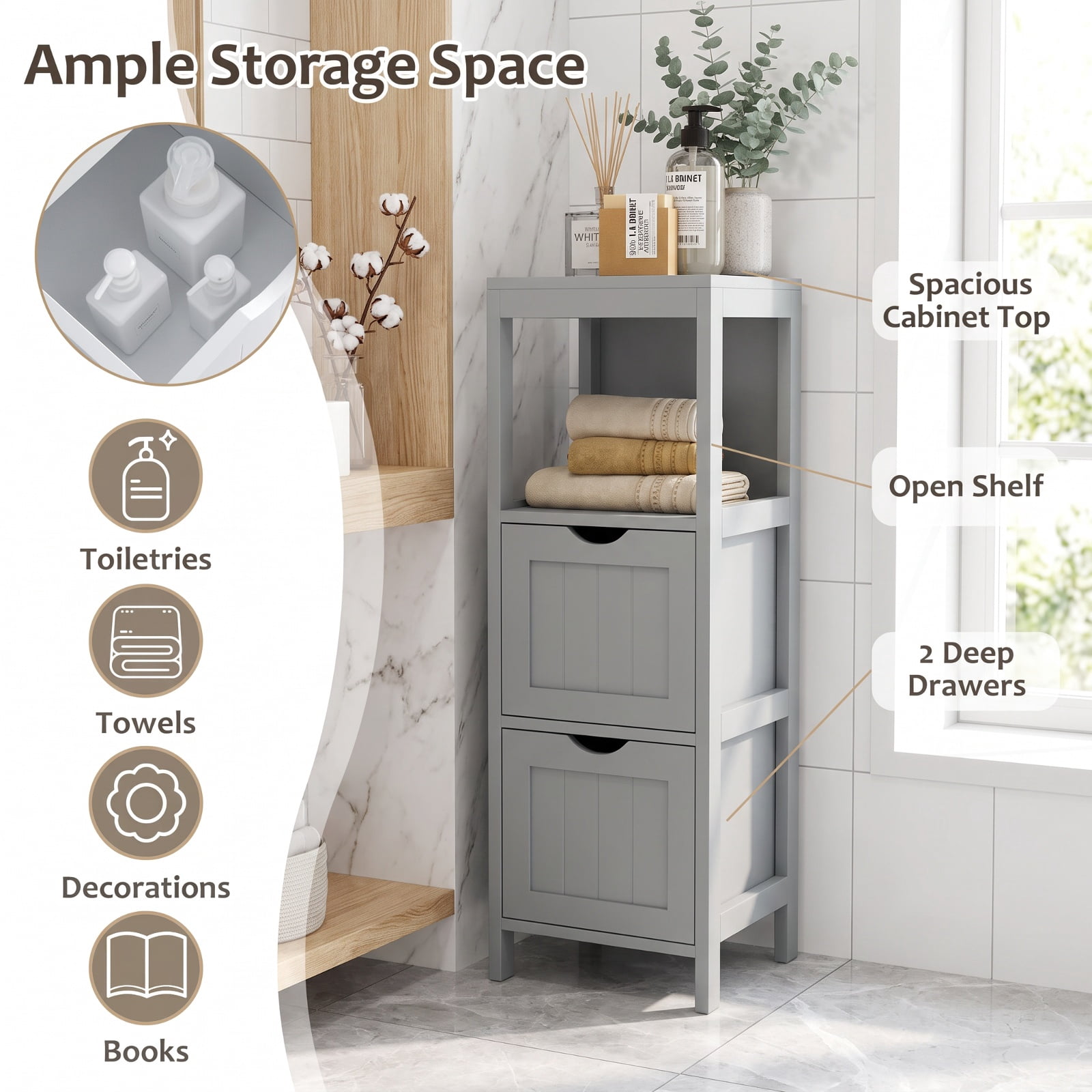Vebreda Freestanding Bathroom Storage Cabinet, Freestanding Storage Cabinet with 2 Removable Drawers for Bathroom, Extra Anti-Toppling Mechanism