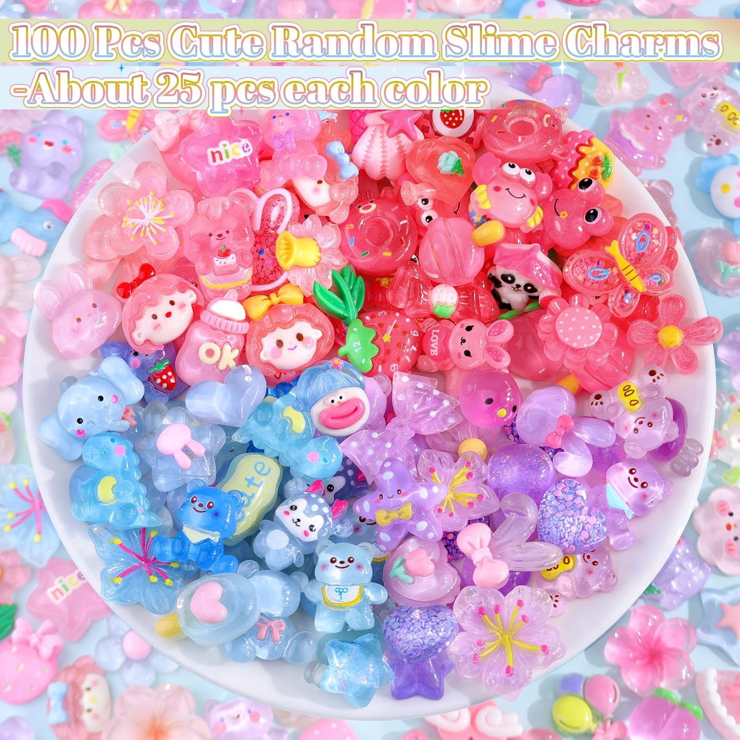 100Pcs 4 Mixed Colors Slime Charms Assorted Cute Jelly Embellishments, Random Bulk Flatback Resin Ornament Bear Star Kawaii Slime Accessories for Phone Junk Case, Scrapbooking Crafting & DIY Decor