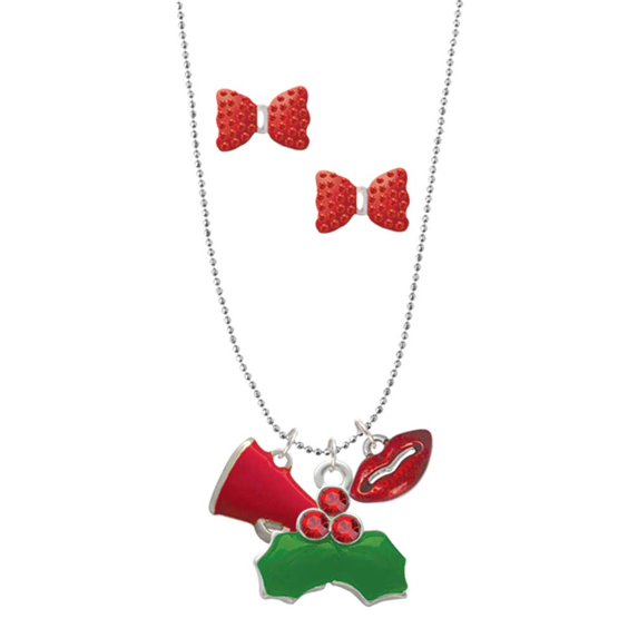 Delight Jewelry Silvertone Small Red Megaphone Christmas Kiss Charm Necklace and Stud Earrings