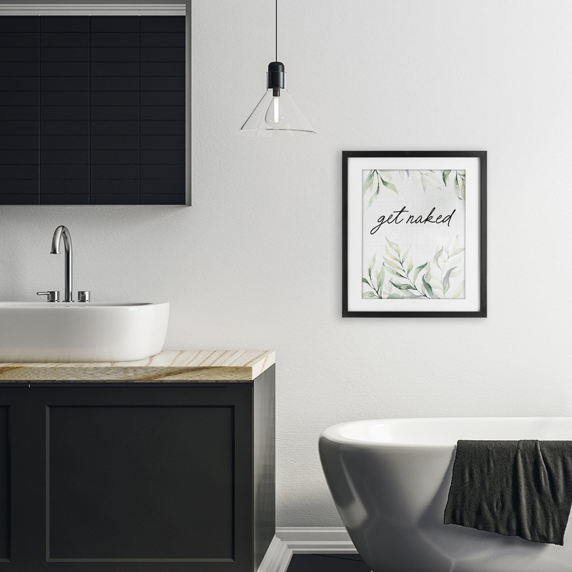 Get Naked Bathroom Herbs Black Framed Print Under Glass, design by Lettered and Lined