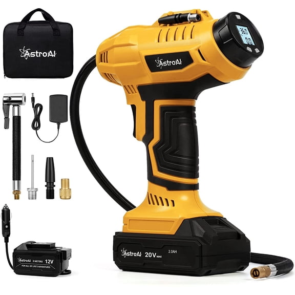 Inflador de Neumáticos AstroAI 160 PSI Bomba de Aire Inalámbrica con Batería Recargable de 20 V Amarillo