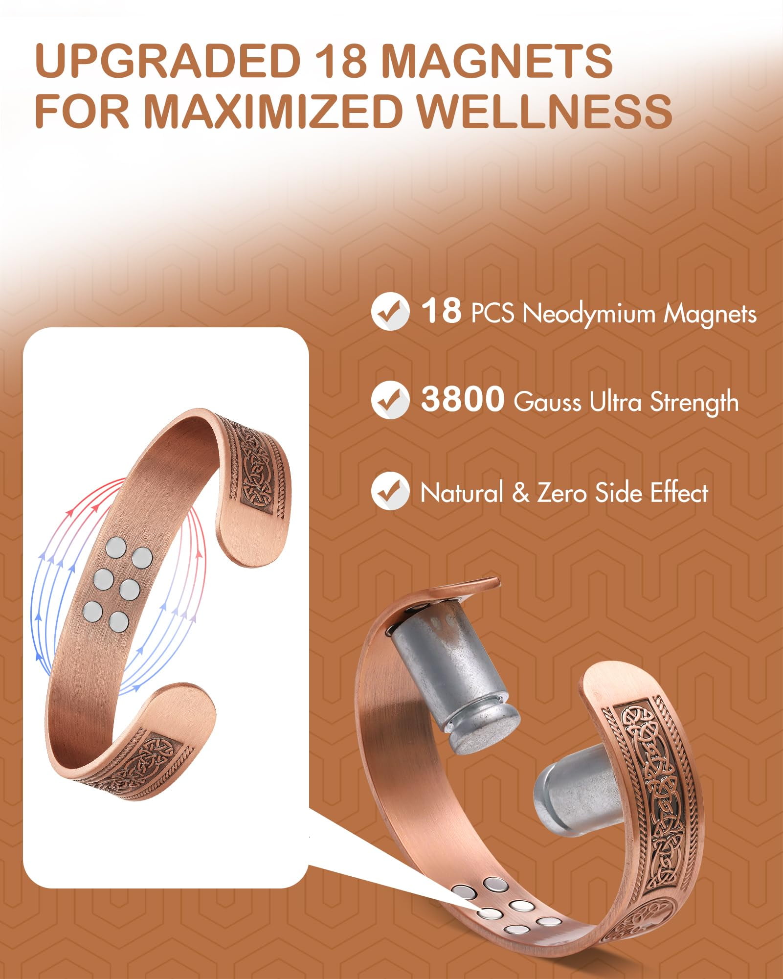 Wollet Wide Copper Magnetic Bracelet for Men with 18X Magnets,Pure Copper Jewelry Set of 2