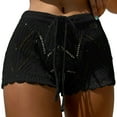 thumbnail image 3 of Women Beach Shorts Hollow Out Knitted Lace Drawstring Elastic Waist Solid Color Soft Breathable Loose High Waist Summer Bikini Shorts -Green,L, 3 of 6