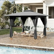Erommy Outdoor Gazebo 10'x10', Double Roof Patio Gazebo with Mosquito Nettings and Privacy Screens,Gray