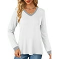 thumbnail image 3 of MOSHU Color Block T Shirts for Women V Neck Long Sleeve Womens Shirts Loose Fall Tops with Pocket, 3 of 8