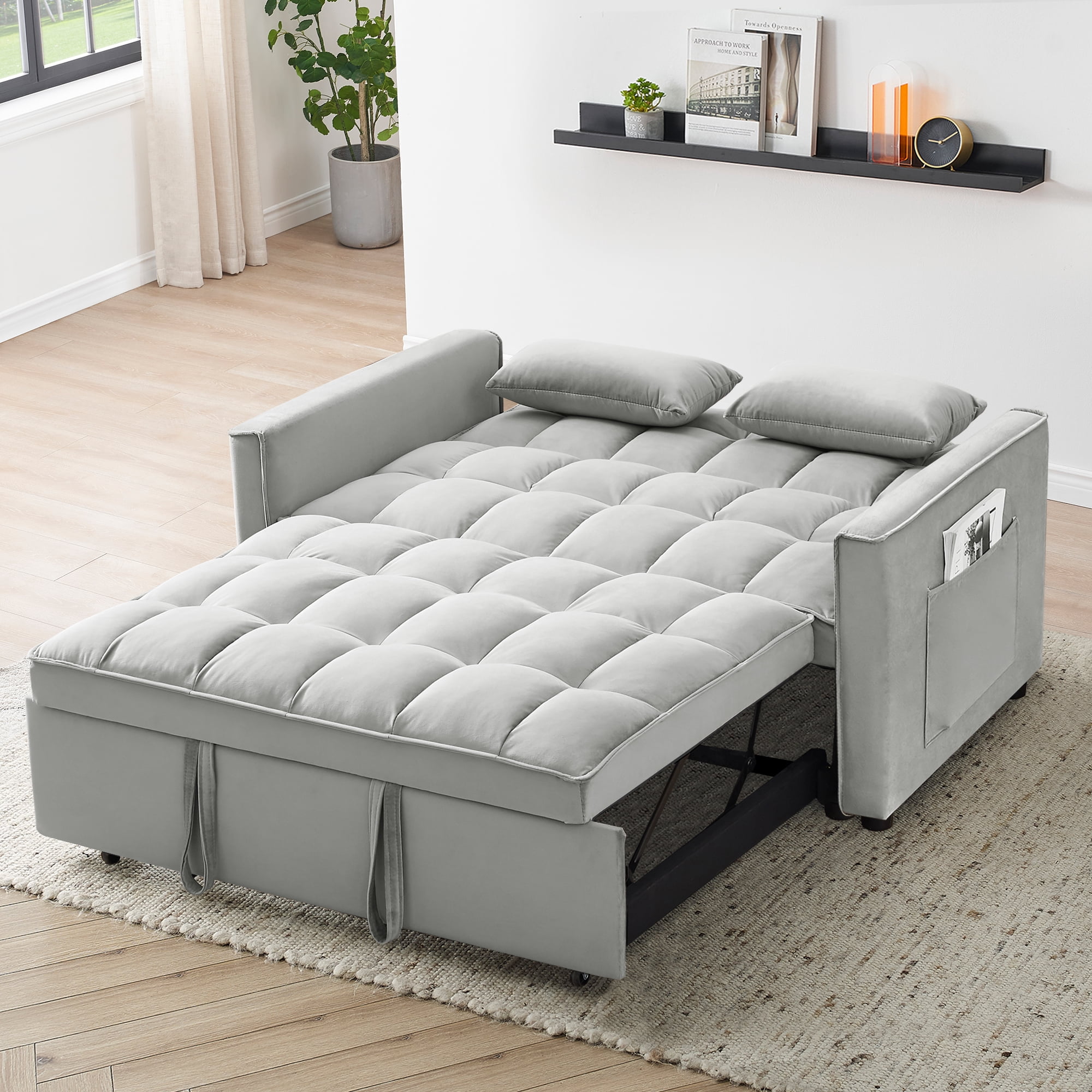 Leumius Convertible Sofa Bed,3-in-1 Sleeper Sofa with Pull Out Bed,Sleeper Futon Couch Loveseat with Adjsutable Backrest and Pillows for Living Room,Gray