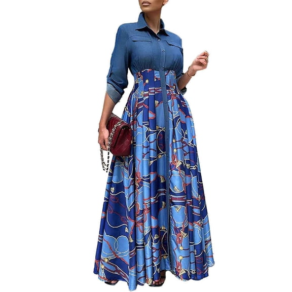AURA Womens Abstract Print Denim Maxi Dress Long Sleeve High Waist Button Front Streetwear XL XXXL