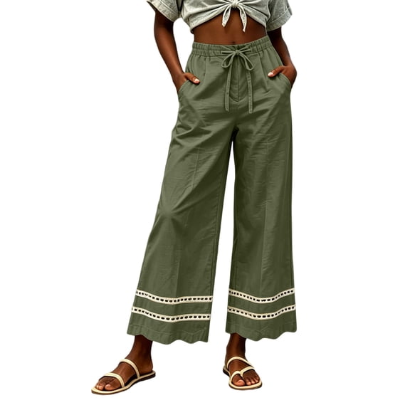 Kezqiaxn Womens Wide Leg Pants Drawstring Lace Splice Elastic Waist Loose Casual Trousers with Pockets Lounge Pants Women