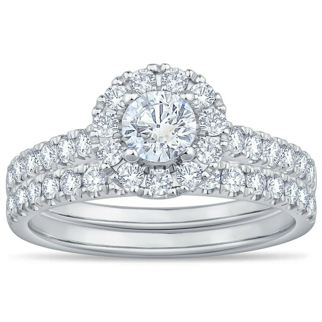1.30 CT. T.W. Round Cut Halo Diamond Ring & Band Set in 14K Gold