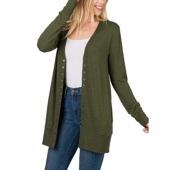 KOGMO Womens Long Knit Cardigan Sweater with Pockets and Snap Buttons Detail