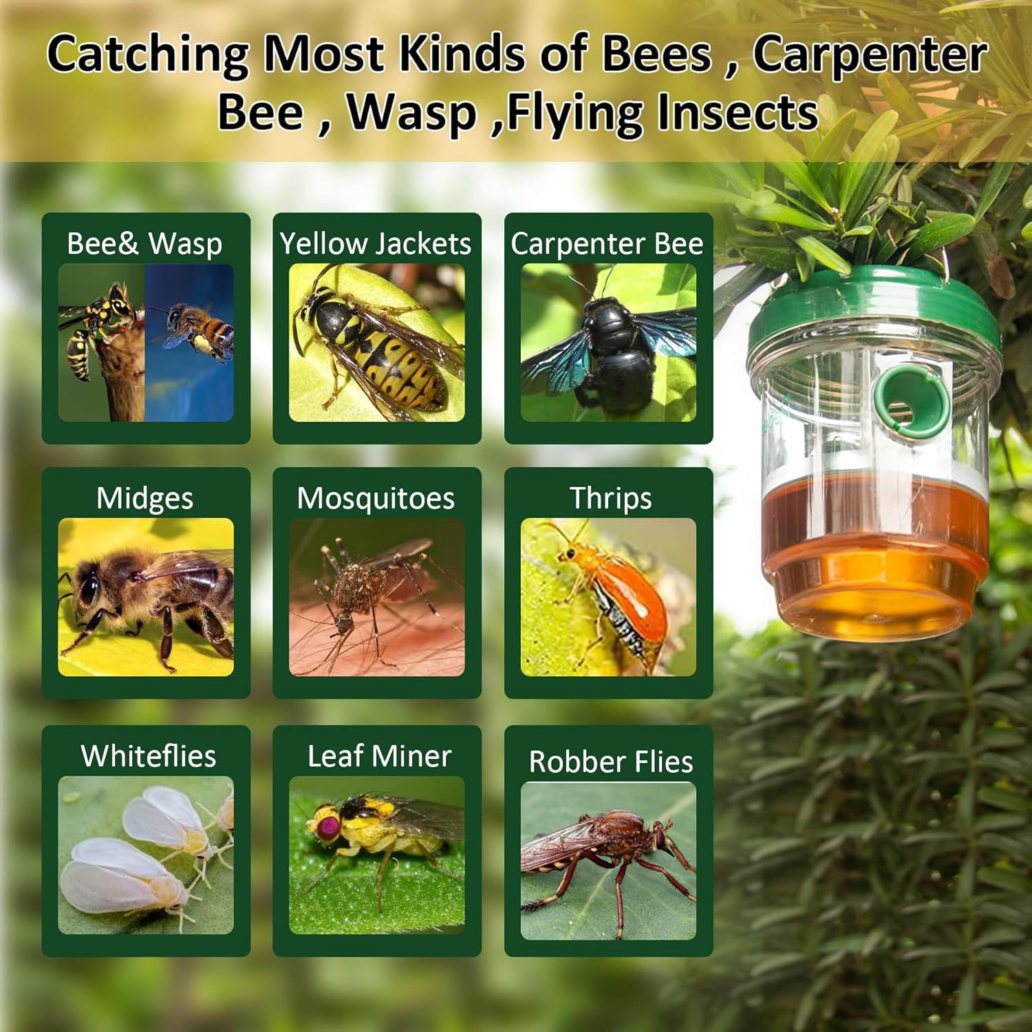 Multipack Wasp Trap Solar Powered Bee Trap Reusable Fly Traps Outdoor Hanging Wasp Killer with UV LED Light Flying Insects Bee Killer for Indoor Outside Patio Garden Home (Green)