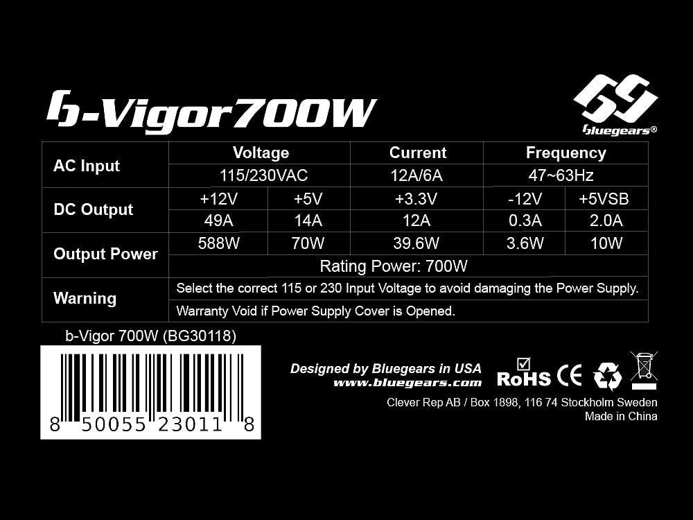 Bluegears b-Vigor 700W 80+ Efficency equivalent 115-230V All Black Ribbon Cable Gaming PC ATX Power Supply