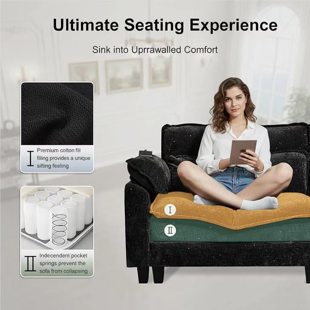 Howcool 113" Modular Sectional Sofa , 3 Seater L-Shaped Cloud Couch with Movable Ottoman, USB Charging Ports & Side Pockets, Sectional couchs for Living Room,Chenille Fabric,Black