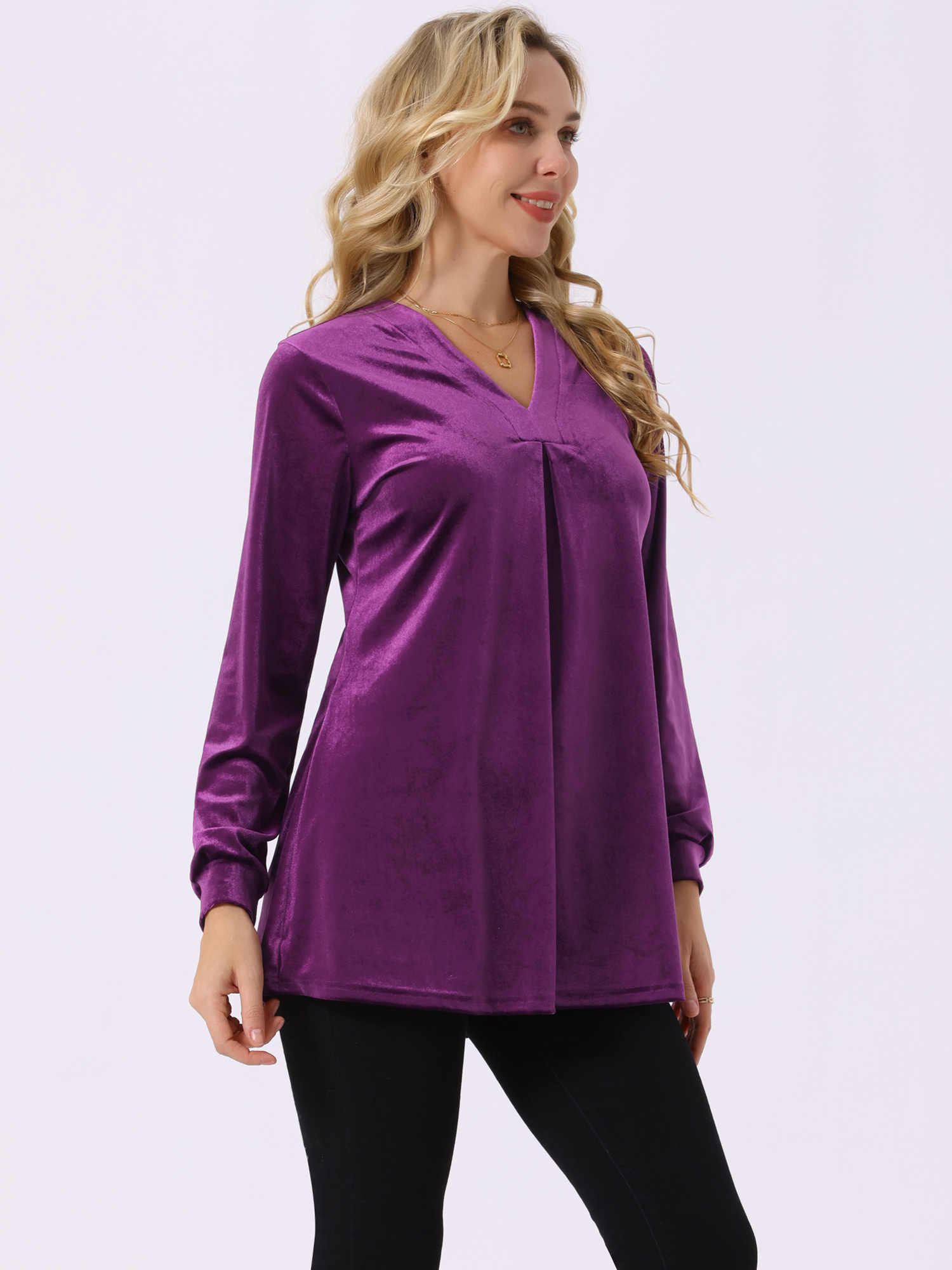 DARING DIVA Women's Velvet Top V Neck Long Sleeves Loose Blouse S Purple