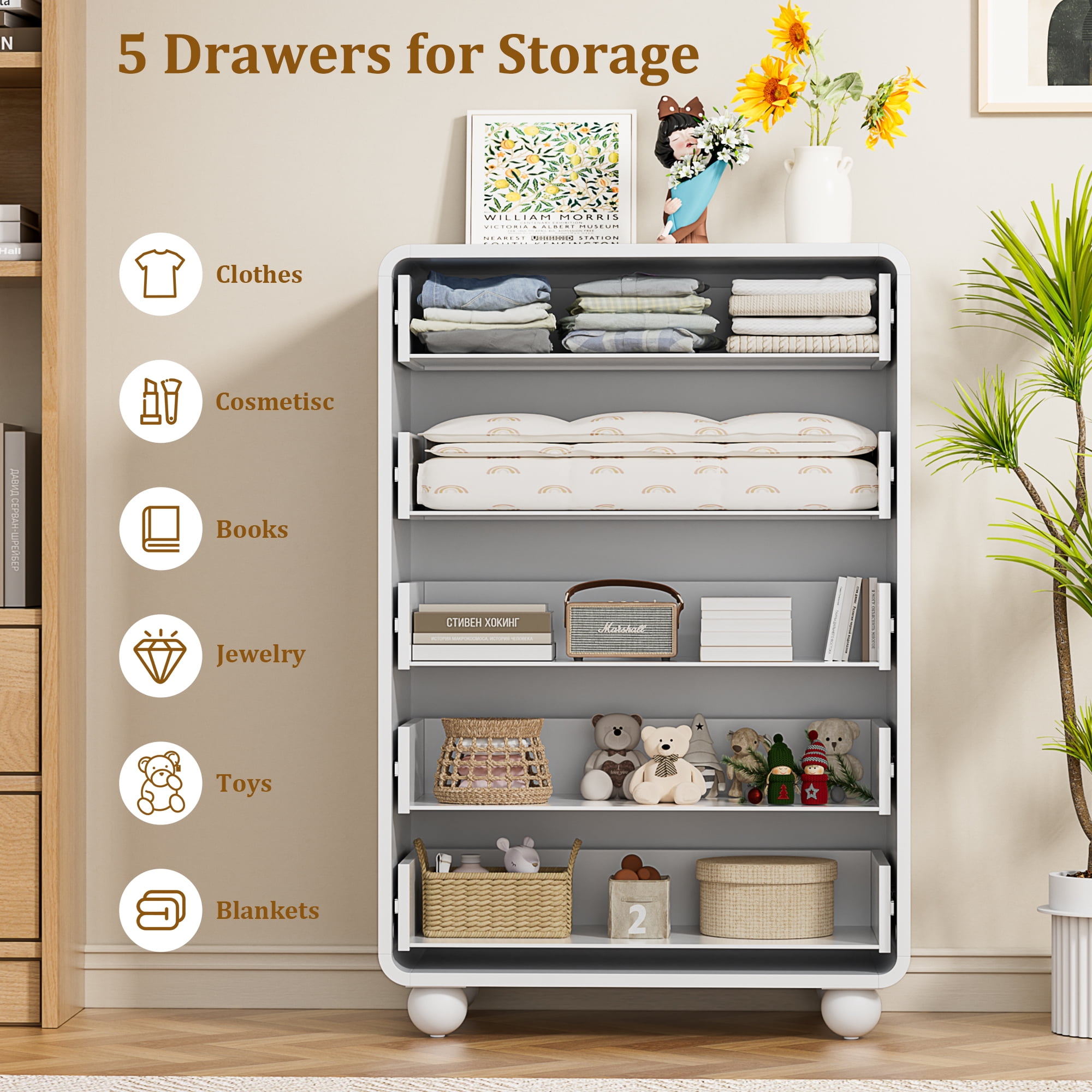 Laintene Tall Dresser 5 Drawer, Modern Wood Dresser for Bedroom, 41" Fluted Chest of Drawers with Curved Profile Design, White