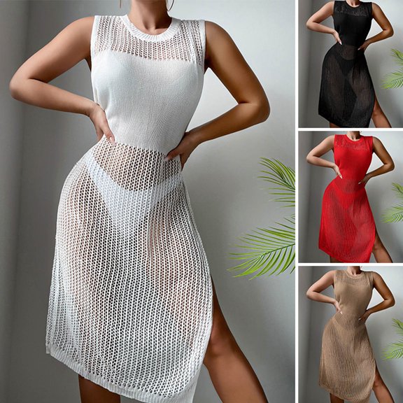 Jacenvly 2024 Beach Cover-Up Plus Size Skin-Friendly Womens Bathing Suit Crochet Hollow Out Cover Ups Bikini Swimsuit Beach Loose Sling Coverup Skirt Solid Cozy Black