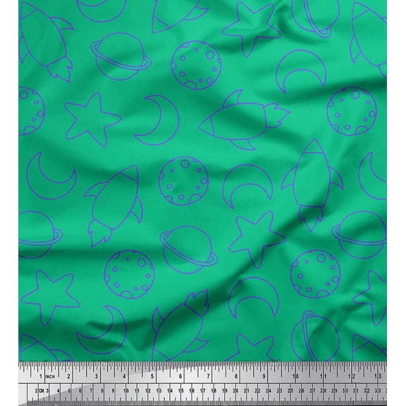 Soimoi Green Silk Fabric Planet & Stars Galaxy Decor Fabric Printed Yard 42 Inch Wide