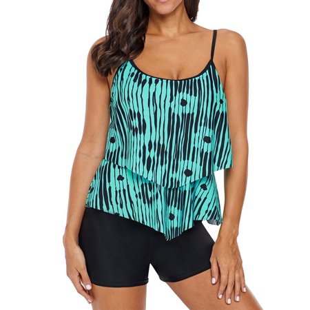 Women Tankini Top Tummy Control Abstract Print Flowy Layered Swimwear