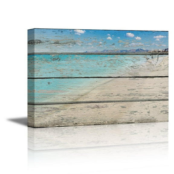 wall26 Canvas Prints Wall Art - Tropical Beach on Vintage Wood Background Rustic Home Decoration - 16" x 24"