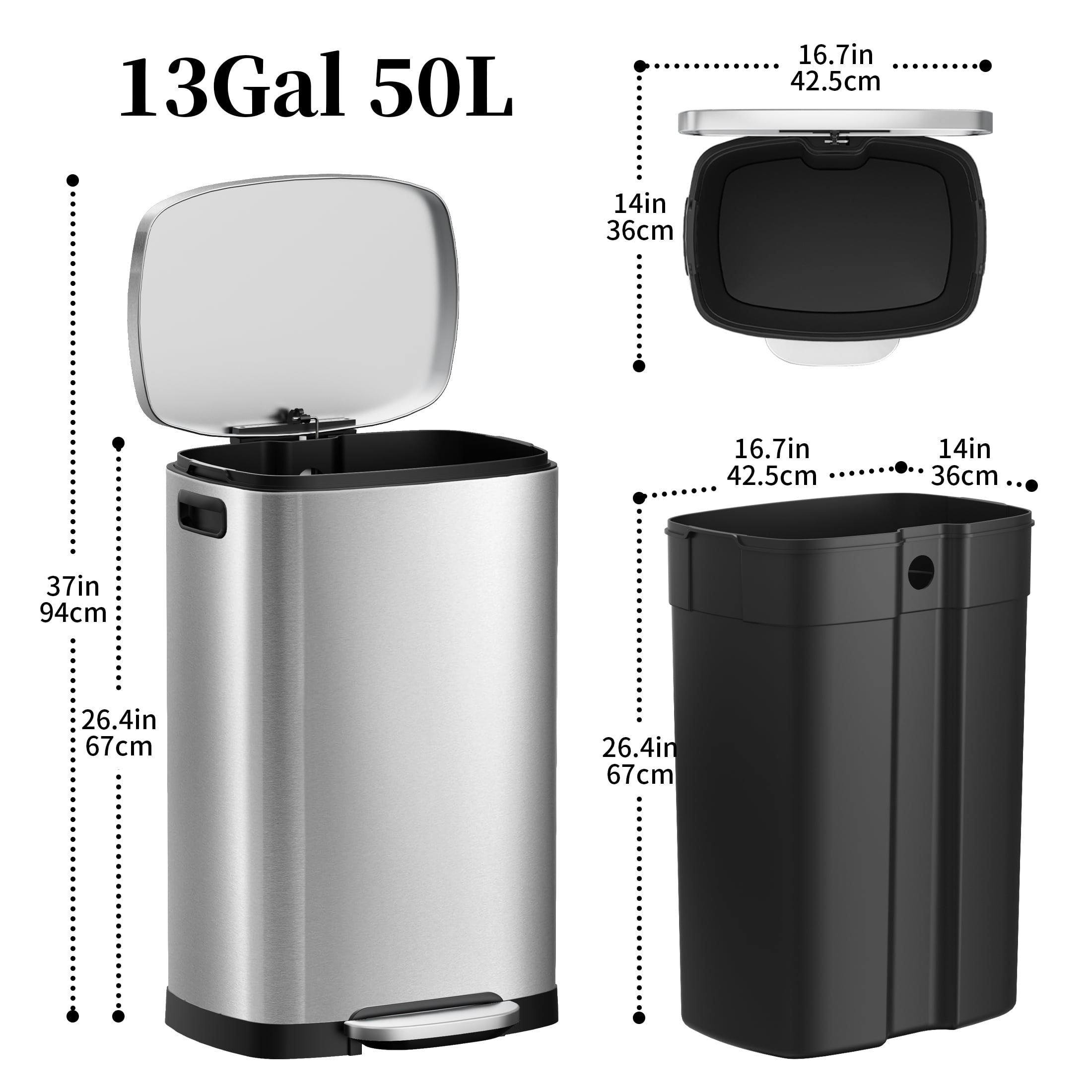 KSSKSS 13 Gallon Trash Can with Lid,Fingerprint-Proof Stainless Steel Kitchen Trash Can with Soft-Close Lid and Removable Inner Bucket,Silver