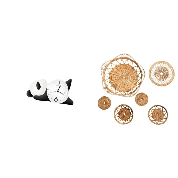 Reloj de pared,Reloj de pared de panda,decoración para el hogar,lindo y creativo.,Manualidades de pared,Decoración de pared colgante. Ratán tejido artesanal.,Juego de decoración de pared