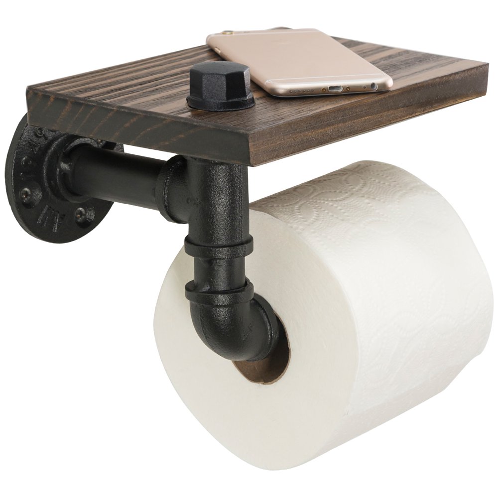 Industrial Toilet Paper Holder With Rustic Wooden Shelf And Cast Iron