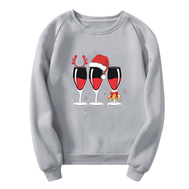 VBARHMQRT Chandail Violet pour Femmes Mode Décontractée Col Rond Manche Noël Verre Imprimé Partiel Chandail à Capuchon