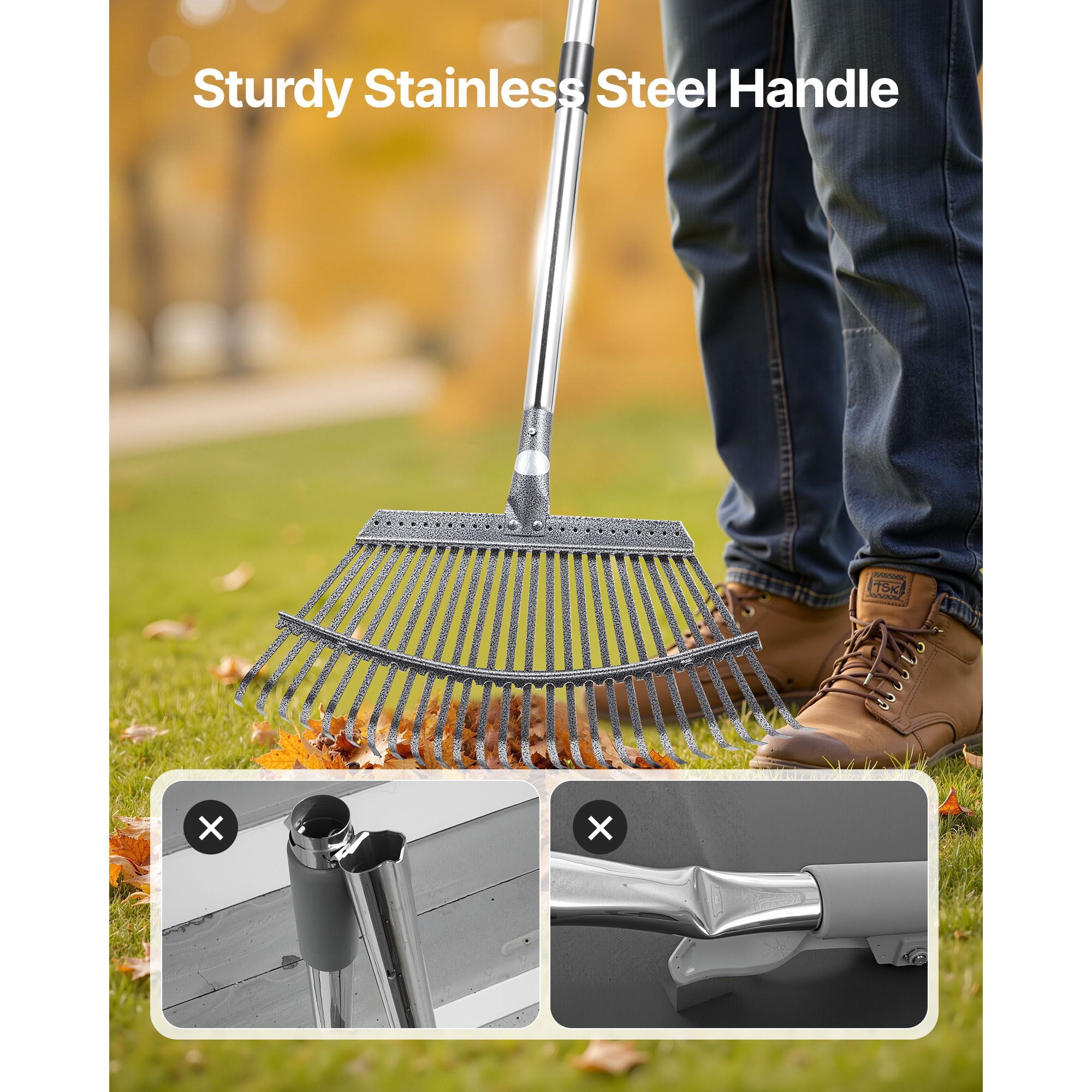 Heavy Duty 25-Tine Metal Leaf Rake, Adjustable 36.4-72.8 Inch Handle & 18.3 Inch Wide Head, Stainless Steel Garden Rake for Lawn, Yard, Grass, Camping – Efficient Small Leaves Tool