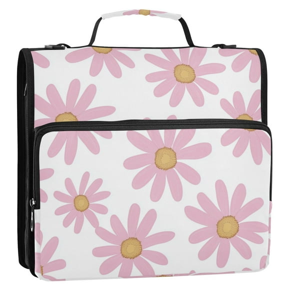 Pinkish Daisies Cartoon Binder Bag with Shoulder Strap 3 Ring Zipper Binder File Folder Document Storage