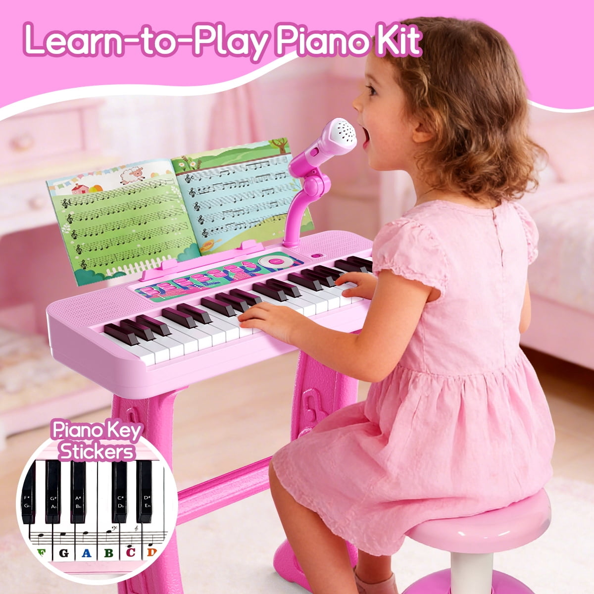 WLBES Piano Toy, Toddler Keyboard, 37 Keys Toddler Keyboard Piano with Stand, Stool & Music Sheet, Ideal Birthday Gift for 3-9 Year Old Kids Musical Instrument Toy, Party Performance Prop