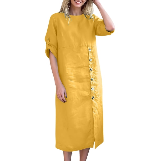 Largo Vestido de Verano Fluido con Botones, Ropa de Color Sólido, Longitud de Rodilla, Vestido Fluido Suelto para Mujeres con Bolsillos