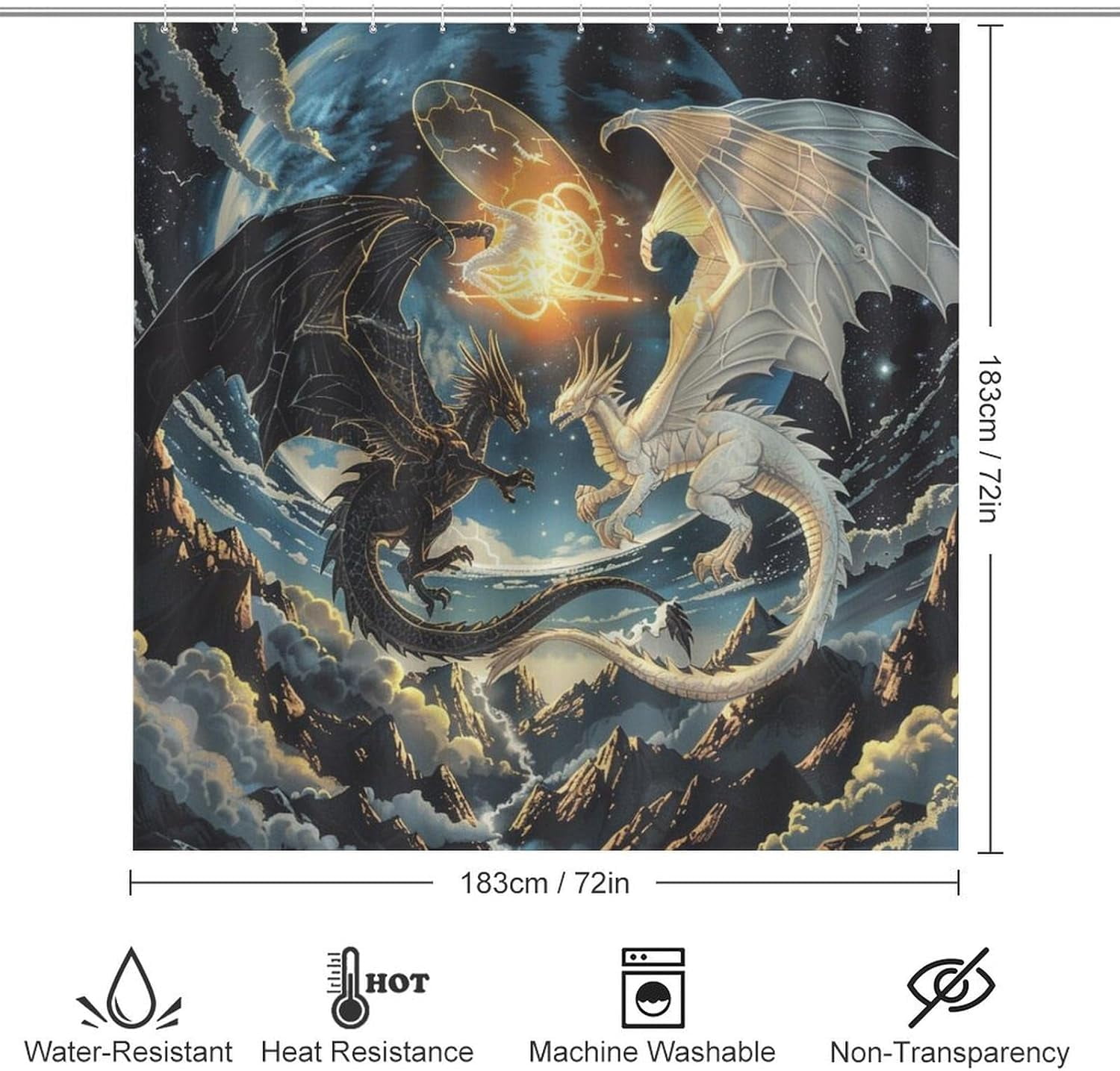 4Pcs Mystical Dragon Shower Curtain Sets, Bathroom Decor Set with Rugs, Bath Mat Retro Mountain Galaxy Fantasy Animal Shower Curtain, 72 X 72 Inch