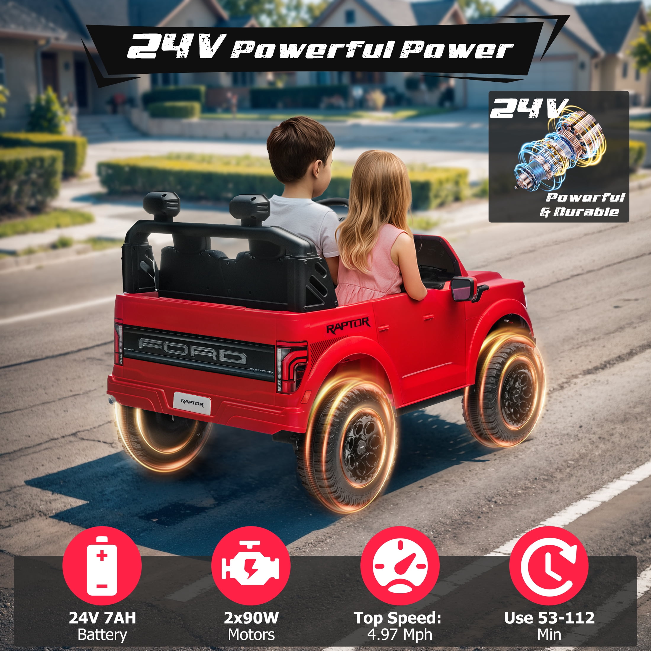 Ford F150 Raptor 2 Seater Ride on Toy Trucks for Kids, 24V Powered 2 Seat Ride on Cars with Remote Control/4 Wheelers/LED/Bluetooth/ Truck Bed Storage/Soft Start, Kids Electric Cars for Boys Girls
