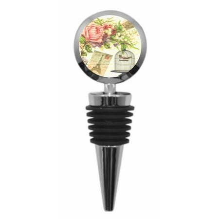 Star Shaped Tower Parisian Eiffel Tower Vintage Style Print Design - Paris, France - Wine Bottle Stopper - Silvertone Metal - Round Shaped ()