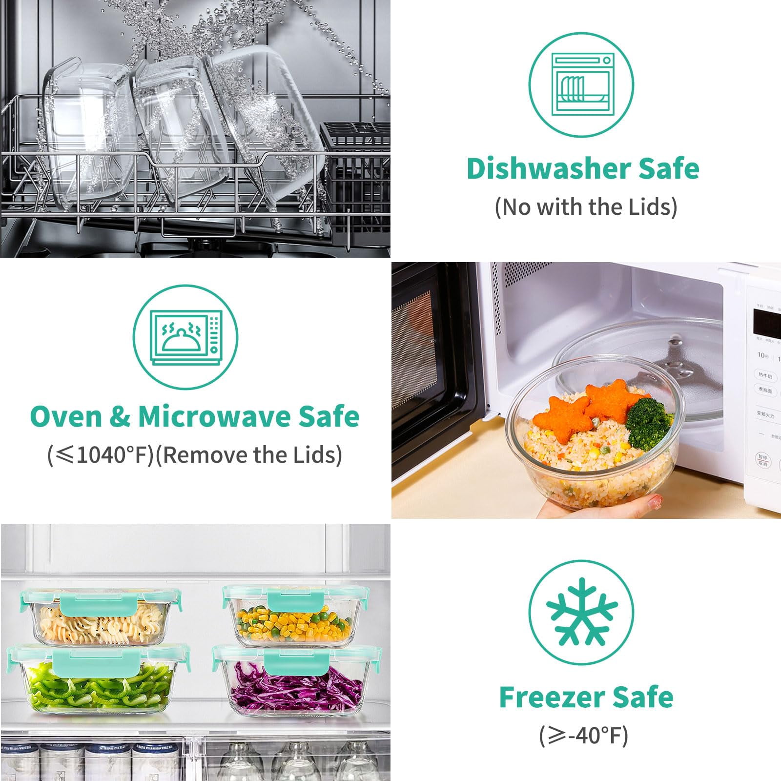 34pcs Glass Food Storage Containers with Lids Set, Airtight Meal Prep Containers (17 Containers & 17 Lids), Green