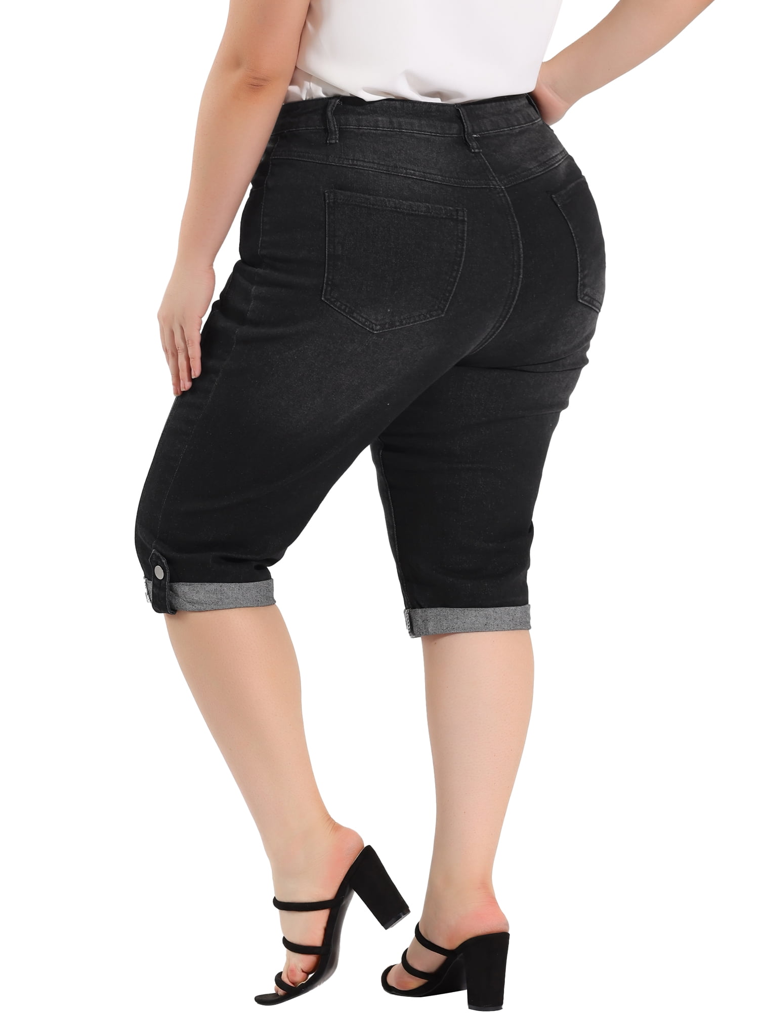 Unique Bargains Juniors' Plus Size Shorts Chambray Ripped Denim Capri Jeans Black 1X