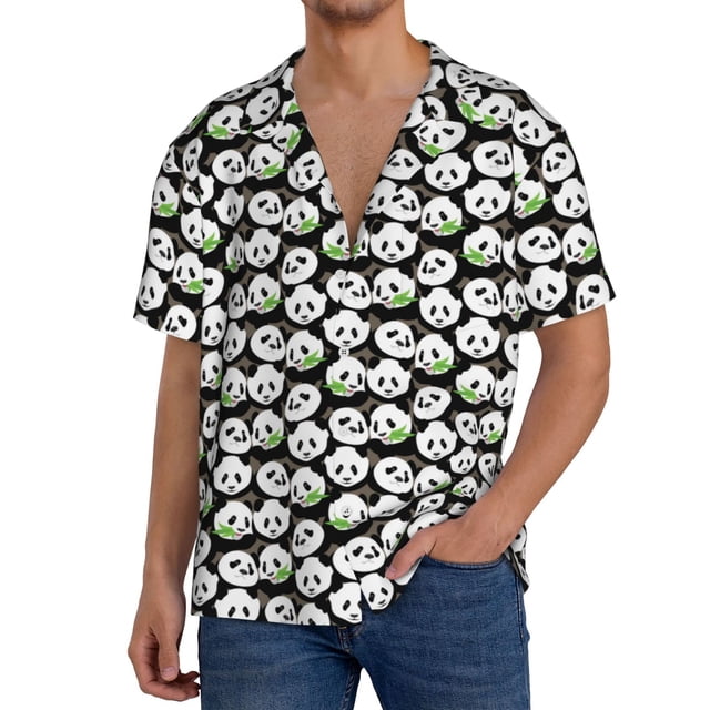 Balery Panda Bear Camisa Casual de Manga Corta con Botones para Hombre, Texturizada, Estilo Cubano, para Playa, Verano-Medium