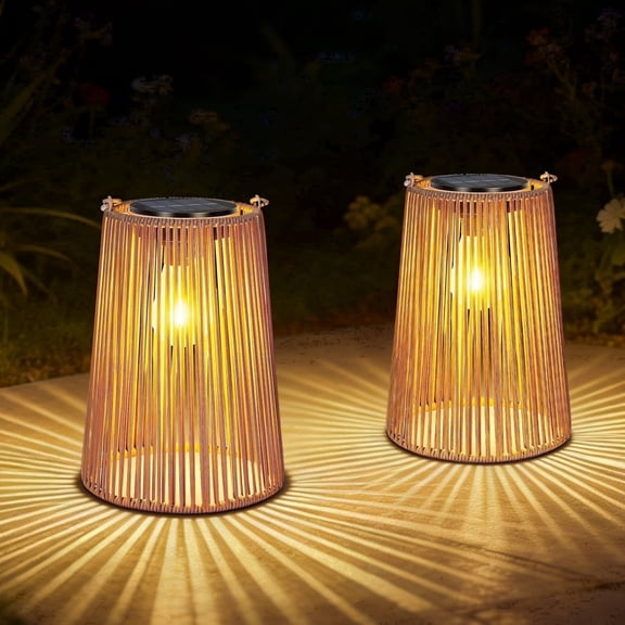 OUTONLIFE 2 Pack Rattan Solar Lanterns Outdoor Waterproof, Hanging Solar Lights with Auto On/Off, Decorative Gifts for Garden, Yard, Patio, Tree, Porch, Lawn, Pathway & Outside Tabletop Decor