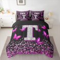 thumbnail image 2 of Feelyou Initial T Letter Bedding Comforter Set 7 Pieces, Sequin Print Monogrammed Full Bedding Set, Romantic Pink Butterfly Reversible Fitted Sheet Flat Sheet, Ultra Soft Bedroom Decor, 2 of 7