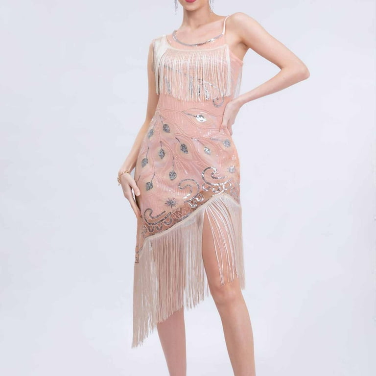 Cavosen Sleeveless Dresses for Women Pink Sequin Tassel Elegant