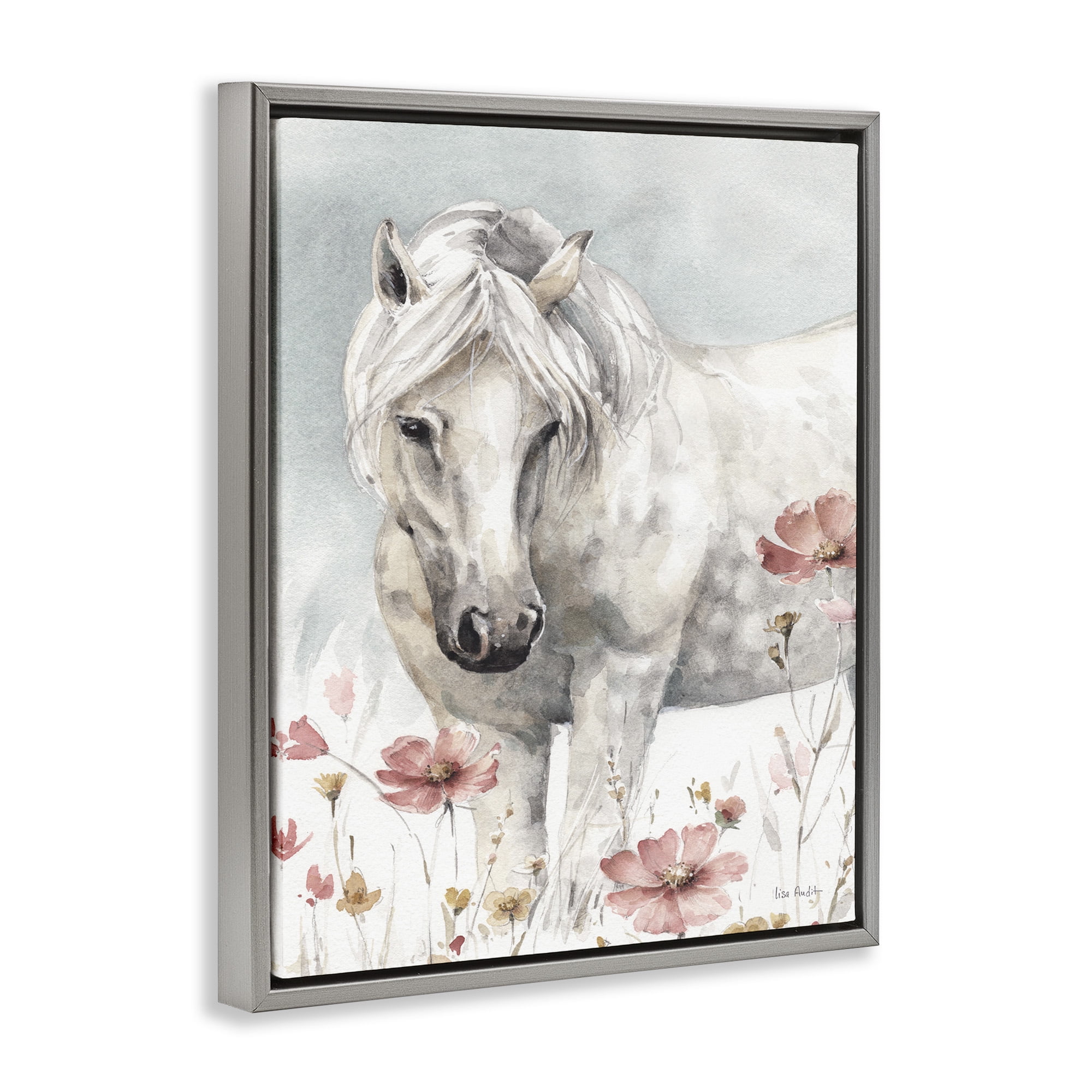 Stupell Industries Horse with Pink Flowers Animals & Insects Painting Gray Floater Framed Canvas Art Print Wall Art, 17 x 21