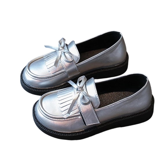 IVEYRTF Girls College Style Loafers with Bow Detail Mary Shoes Kids Comfortable and Casual School Shoes(Silver,9.5-10 Years)