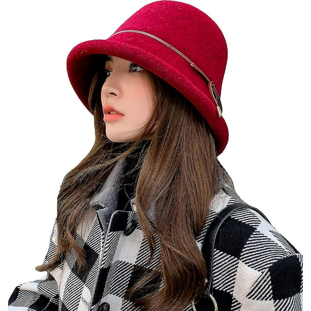 Sombrero Fedora de invierno de color sólido para mujer, lana, sombreros de pescador gruesos y cálidos, sombrero clásico de lana a prueba de viento