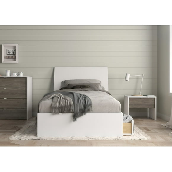 Nexera 402675 3-Piece Bedroom Set With Bed Frame, Headboard & Nightstand, Twin|White & Bark Grey
