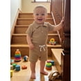 thumbnail image 4 of BemeyourBBs Newborn Baby Boy Girl Summer Clothes 2 Piece Outfits Waffle Texture Button Lapel Neck Short Sleeve Solid Color Romper and Shorts Set, 4 of 9